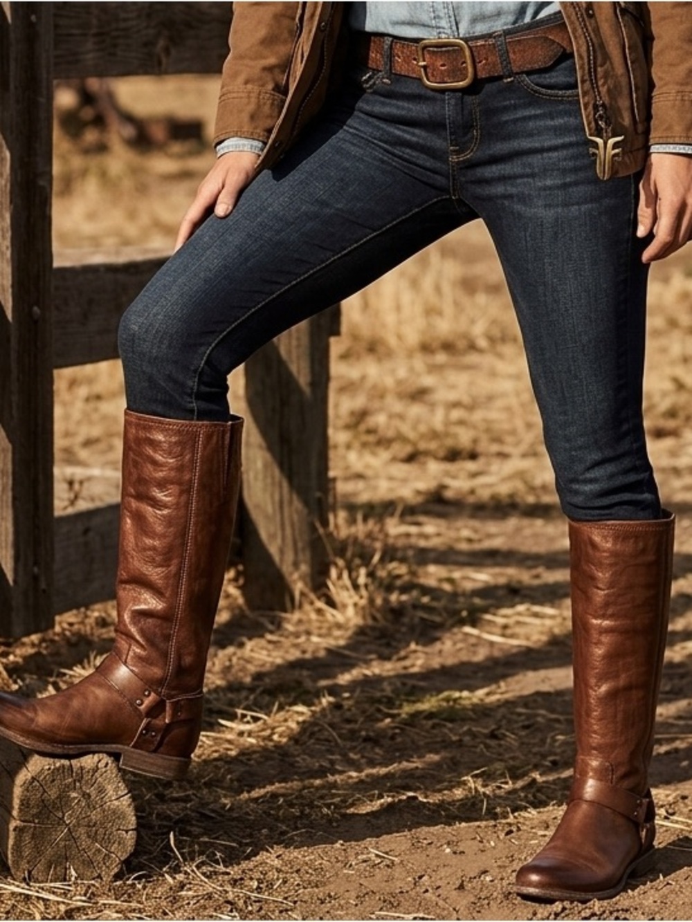 Frye Philip Harness Leather Riding Boots Women's Brown Zip Knee High Size